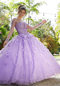 2023 New Fashion Quinceanera Dresses Ball Gown Long Sleeve Tulle Lace 3D Flowers Beaded Crystal Diamond Sweet 16 Dresses QU04