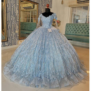 Sweet 16 Quinceanera Dresses  Ball Gown Feathers Pageant Gowns Vestidos De 15 Anos With Long Sleeves