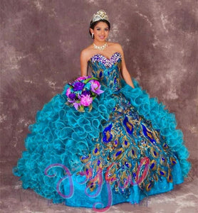 Bealegantom New Sexy Peacock Ball Gowns Embroidery Quinceanera Dresses 2023 With Beads Sweet 16 15 Year Prom Gowns