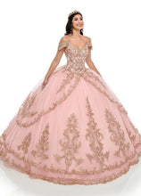 Load image into Gallery viewer, 2021 Pink Quinceanera Dresses Spaghetti Straps Off the Shoulder Gold Lace Applique Tiered Skirt Custom Made Sweet 16 Prom Ball G
