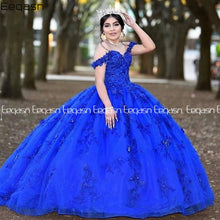 Load image into Gallery viewer, Gorgeous Sweet 16 Royal Blue Quinceanera Dresses Lace Applique V Neck Ball Gown Prom Dress Tulle Tiered Masquerade Gowns
