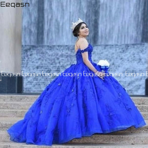 Gorgeous Sweet 16 Royal Blue Quinceanera Dresses Lace Applique V Neck Ball Gown Prom Dress Tulle Tiered Masquerade Gowns