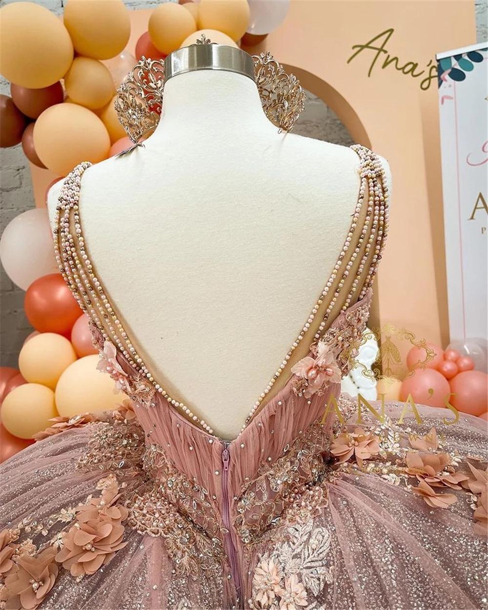Rose Gold Beaded Puffy Quinceanera Dresses handmade flower lace Backle Twins Designss Rose Gold Beaded Puffy Quinceanera Dresses handmade flower lace Backle Twins Designss