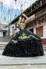 Load image into Gallery viewer, Black Charro Quinceanera Dresses Ball Gown Long Sleeves Organza Appliques Beaded Mexican Sweet 16 Dresses 15 Anos
