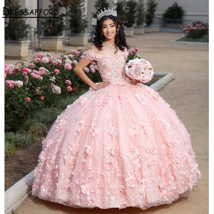 Pink Quinceanera Dresses  Sweetheart Ball Gown Vestidos De 15 Anos Fashion 3D Flower Tulle Sweet 16 Princess Party Gown