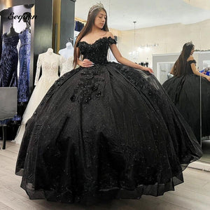 Sparkly Black Quinceanera Dresses with 3D Flowers Applique Corset Top Princess Ball Gown Sweet 16 Dress Vestidos de XV años