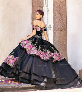 Black Charro Quinceanera Dresses Ball Gown Off The Shoulder Appliques Mexican Sweet 16 Dresses 15 Anos