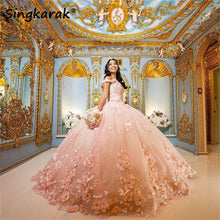 Load image into Gallery viewer, Bling Pink Ball Gown Sweet 16 Quinceanera Dresses Beads Crystal 3D Flowers Appliques Pearls  Vestidos De 15 Anos Lace-Up Custom
