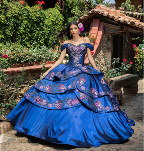 Royal Blue Charro Quinceanera Dresses Ball Gown Off The Shoulder Appliques Beaded Mexican Sweet 16 Dresses 15 Anos