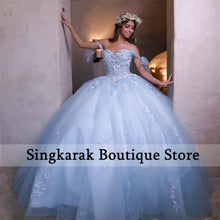 Load image into Gallery viewer, Sky Blue Princess Quinceanera Dresses Off Shoulder Lace Appliques Crystal Ball Gown Sweet 16 Dresses Vestidos De 15 Años Custom
