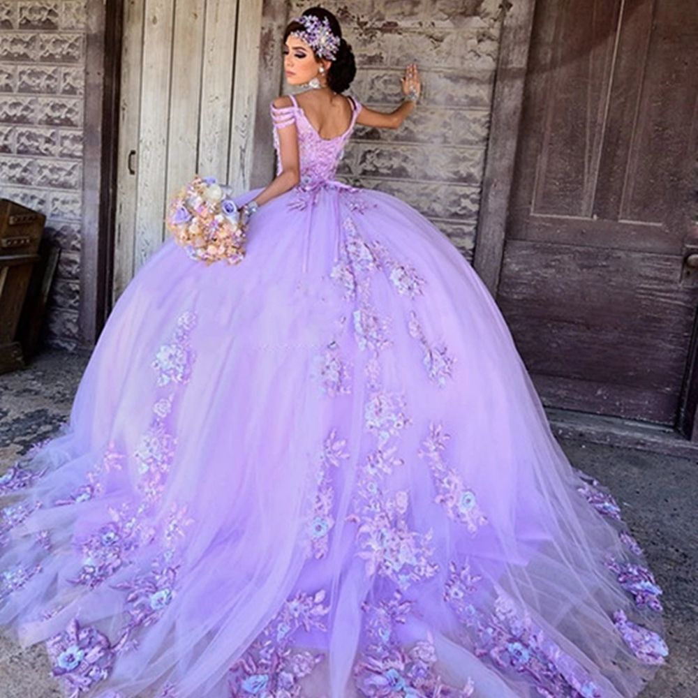 BRLMALL Amazing Light Purple Quinceanera Dresses 2022 Lace Applqiues Sweet 16 Court Train Vestidos De 15