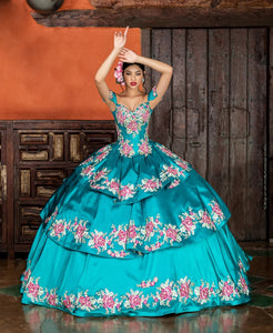 Blue Charro Quinceanera Dresses Ball Gown Sweetheart Satin Tiered Appliques Mexican Sweet 16 Dresses 15 Anos