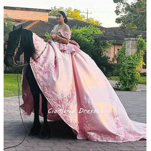 Load image into Gallery viewer, Pink Princess Bow Back Corset Quinceanera Dress Ball Gown 3D Flowers Appliques Ruffles Sweet 16 Vestidos De XV Años
