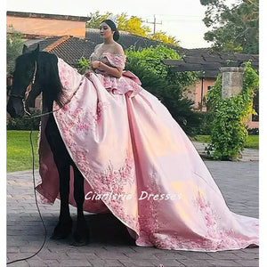 Pink Princess Bow Back Corset Quinceanera Dress Ball Gown 3D Flowers Appliques Ruffles Sweet 16 Vestidos De XV Años