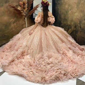 2022 Sparkly Quinceanera Dresses With Beads Off Shoulder Ball Gown Sweet 16 Dress Ruffles Vestidos De 15 Anos Lace-Up Custom