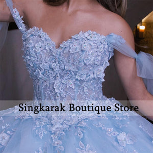 Sky Blue Princess Quinceanera Dresses Off Shoulder Lace Appliques Crystal Ball Gown Sweet 16 Dresses Vestidos De 15 Años Custom