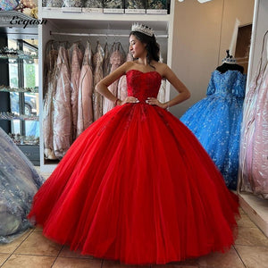 Red Sweetheart Quinceanera Dresses Beaded Applique Lace-up Sweet 16 Dress Vestidos De 15 Años Birthday Princess Party Wear