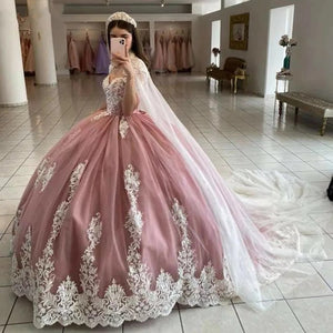 2022 Pink Quinceanera Dresses With Cape Ball Gown Sweetheart Lace Beading Party Princess Sweet 16 Dress Tulle Lace-Up Backless