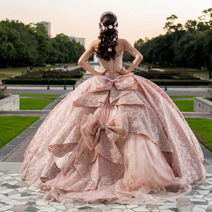 Blush Pink Quinceanera Dresses Ball Gown For Sweet 16 Dress Bow Sequined Graduation Party Princess Gowns Vestido De 15 anos