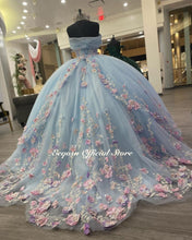 Load image into Gallery viewer, Light Blue Puffy Ball Gown Quinceanera Dresses Off Shoulder Flower Corset Sweet 16 Dress Pageant Gowns vestido de 15 anos X
