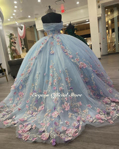 Light Blue Puffy Ball Gown Quinceanera Dresses Off Shoulder Flower Corset Sweet 16 Dress Pageant Gowns vestido de 15 anos X