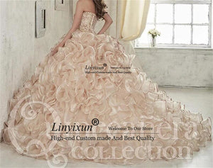 Luxurious Champagne Ball Gown Quinceanera Dresses Embroidery Crystals Floor-Length Vestidos De 15 Anos Pruffy Sweet 16 Dresses