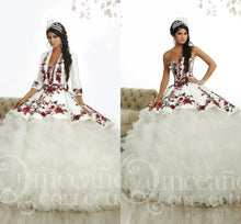 Load image into Gallery viewer, Red Applqiues princess Quinceanera Dresses with jacket lace-up Corset Back Sweetheart Embroidery Applique pom Sweet 16 Dress
