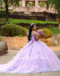 Ball Gown Lavender Quinceanera Dresses Off Shoulder Lace Flowers Crystal Princess Sweet 16 Dress Mexican Prom Party Gowns