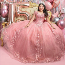 Load image into Gallery viewer, Fanshao wd149 V-neck Quinceanera Dress with Short Sleeves 3D Floral Applique Vestidos XV Años Sweet 16 robe de soirée
