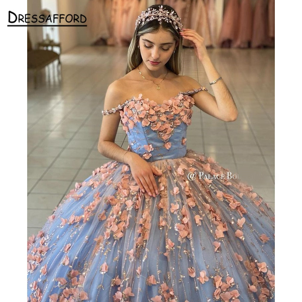 Sweet 16 Princess Quinceanera Dresses Sexy Off Shoulder 3D Lace Appliques Formal Pageant Ball Gown for Girls Custom Made Vestido