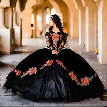 Load image into Gallery viewer, 2022 Gothic Black and Red Embroidery Mexican Quinceanera Dresses Velvet princess Off shoulder with Long Sleeves Corset Sweet
