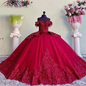 Red Off The Shoulder Corset Ball Gown Quinceanera Dresses Beaded Appliques Formal Prom Graduation Gowns Princess Sweet 16 15