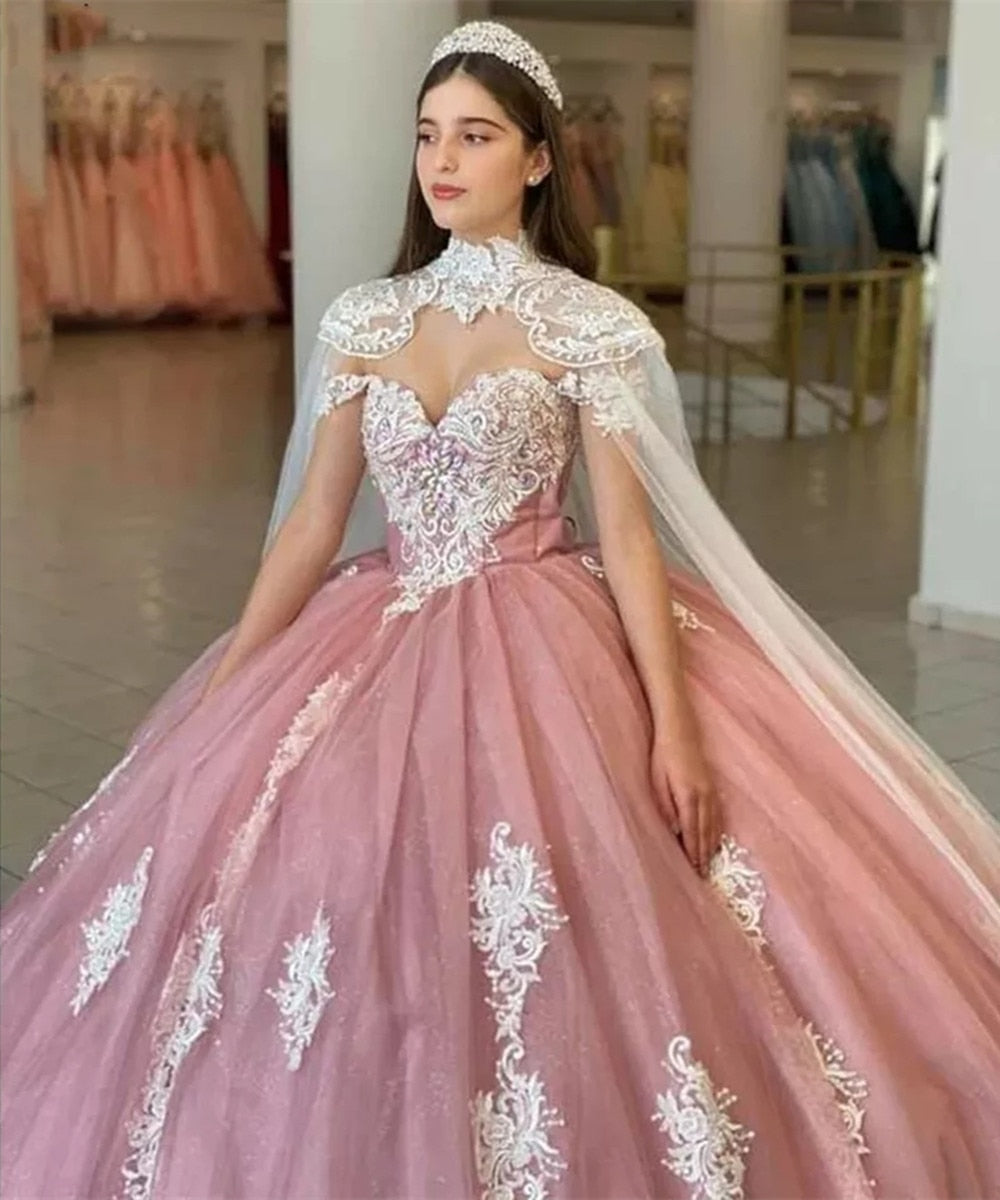2022 Pink Quinceanera Dresses With Cape Ball Gown Sweetheart Lace Beading Party Princess Sweet 16 Dress Tulle Lace-Up Backless