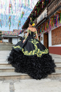 Black Charro Quinceanera Dresses Ball Gown Long Sleeves Organza Appliques Beaded Mexican Sweet 16 Dresses 15 Anos