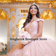 Load image into Gallery viewer, Bling Pink Ball Gown Sweet 16 Quinceanera Dresses Beads Crystal 3D Flowers Appliques Pearls  Vestidos De 15 Anos Lace-Up Custom
