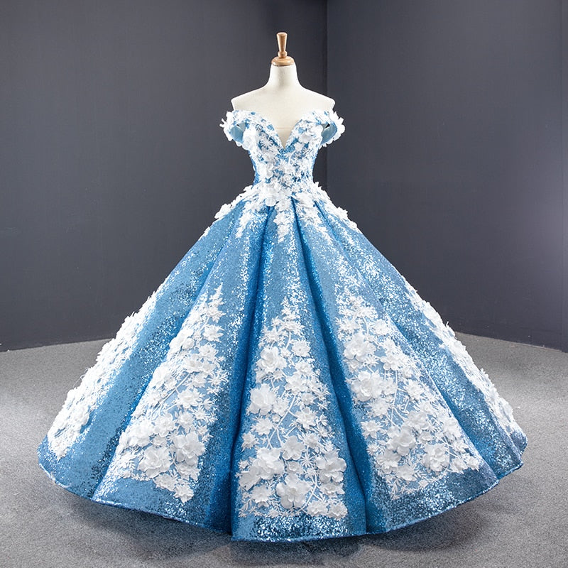 Sky Blue Quinceanera Dresses Ball Gown Off The Shoulder Sequins Appiques Puffy Mexican Sweet 16 Dresses 15 Anos