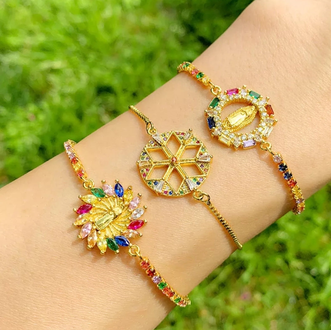 Rainbow Zircon Virgen Mary Bracelets For Women Gold Filled Steering Wheel Charm Bracelets Multicor Christian Jewelry brtc14