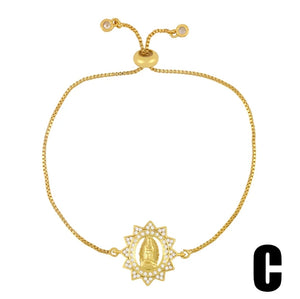 Gold Chain Virgin Mary Bracelets For Women CZ Zirconia Crystal Bracelets Pendant Adjustable Round Charm Christian Jewelry brtc44