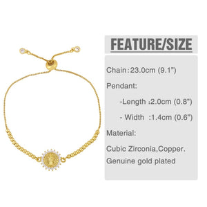 Gold Chain Virgin Mary Bracelets For Women CZ Zirconia Crystal Bracelets Pendant Adjustable Round Charm Christian Jewelry brtc44