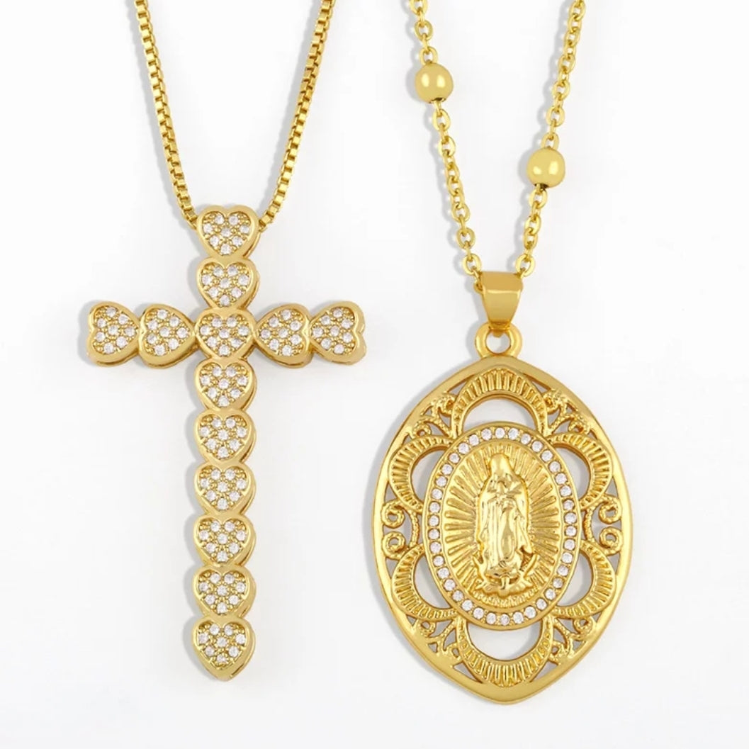 Gold Chain Virgin Mary Necklace For Women White Stone Cross Pendant Necklace Crystal Jewelry virgen de guadalupe nkes52