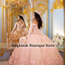 Load image into Gallery viewer, Bling Pink Ball Gown Sweet 16 Quinceanera Dresses Beads Crystal 3D Flowers Appliques Pearls  Vestidos De 15 Anos Lace-Up Custom
