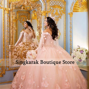 Bling Pink Ball Gown Sweet 16 Quinceanera Dresses Beads Crystal 3D Flowers Appliques Pearls  Vestidos De 15 Anos Lace-Up Custom