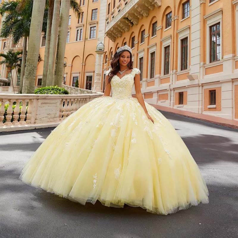 Yellow Charro Quinceanera Dresses Ball Gown Cap Sleeves Tulle Applique Twins Designss