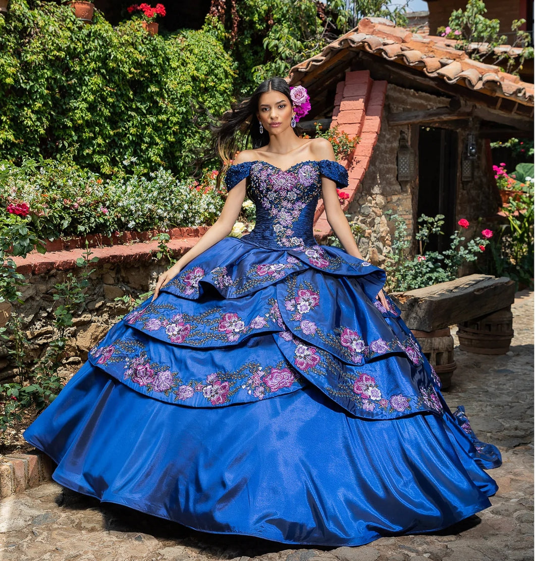 Royal Blue Charro Quinceanera Dresses Ball Gown Off The Shoulder Appli Twins Designss