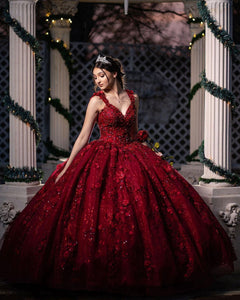 Xijun Red Princess Ball Gown Quinceanera Dresses Sweet 16 Party 3D Flowers Lace Applique Crystal Beads V-Neck Birthday Gowns