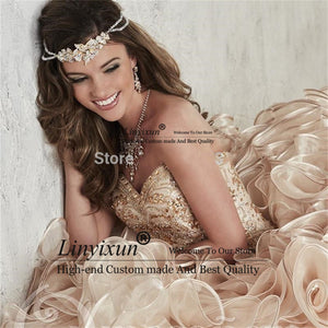 Luxurious Champagne Ball Gown Quinceanera Dresses Embroidery Crystals Floor-Length Vestidos De 15 Anos Pruffy Sweet 16 Dresses