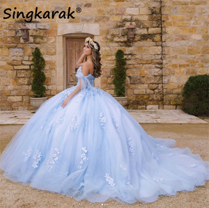Sky Blue Princess Quinceanera Dresses Off Shoulder Lace Appliques Crystal Ball Gown Sweet 16 Dresses Vestidos De 15 Años Custom