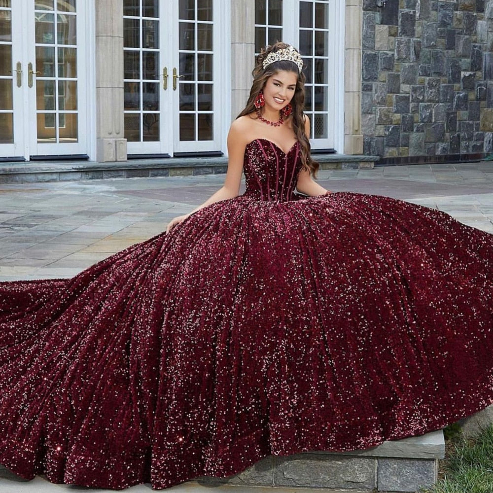 Glitter Quinceanera Dress 2023 Sweetheart Backless Allover Sequined Velvet Girls Sweet 15 16 Years Birthday Party Gown Pageant