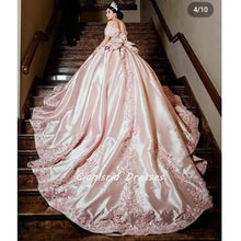 Load image into Gallery viewer, Pink Princess Bow Back Corset Quinceanera Dress Ball Gown 3D Flowers Appliques Ruffles Sweet 16 Vestidos De XV Años
