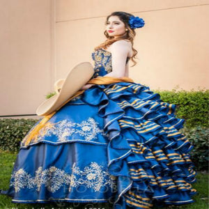 Blue Quinceanera Dresses Ball Gown Ruffles Fluffy Formal Prom Dress Charro Sweet 15 Traditional Mexican Dress abendkleider 2020